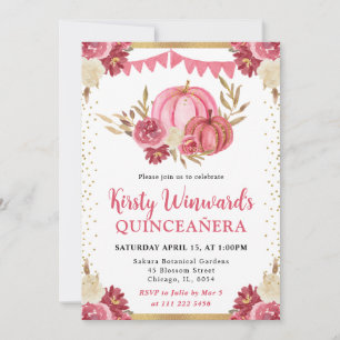 Pink and Gold Floral Pumpkins Fall Quinceanera Invitation