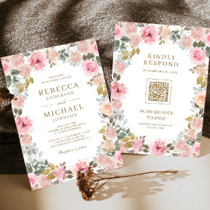 Pink and Gold Floral QR Code Wedding Invitation
