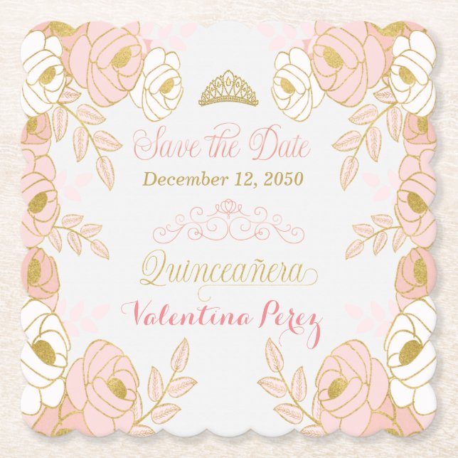 PInk and Gold Floral Quinceanera Save the Date Paper Coaster (Front)