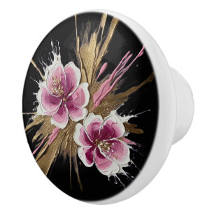 Pink and gold Floral Splash on black Ceramic Knob