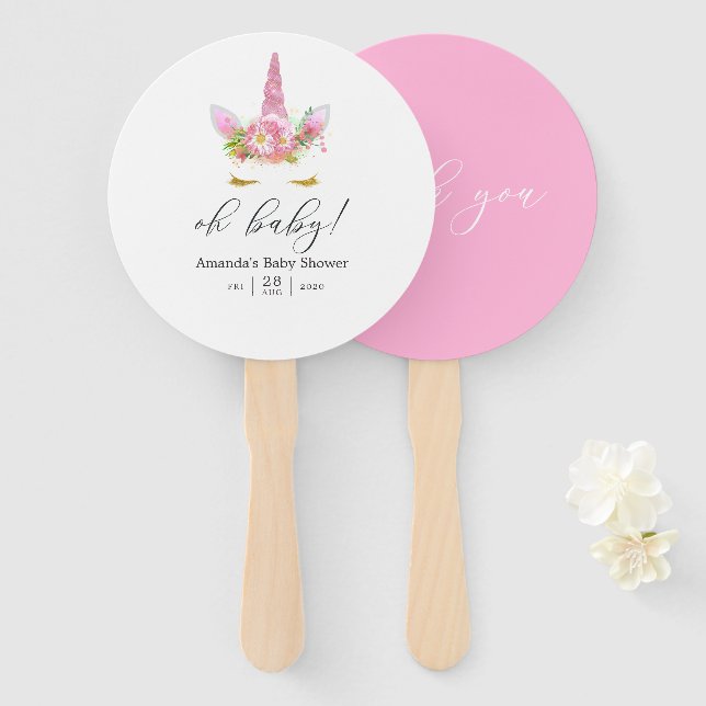 Pink and Gold Floral Unicorn Girl Baby Shower Hand Fan (Front and Back)