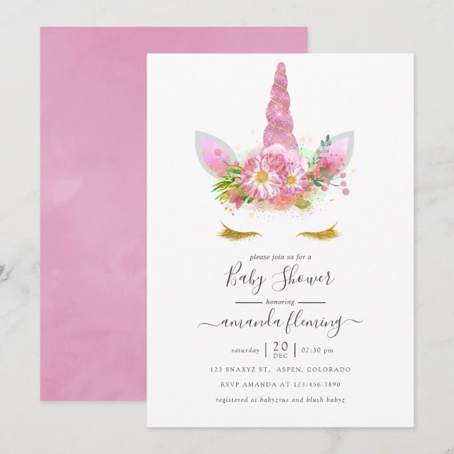 Pink and Gold Floral Unicorn Girl Baby Shower Invitation (Front/Back)
