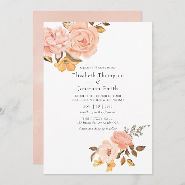 Pink and Gold Floral Wedding Invitation (Front/Back)