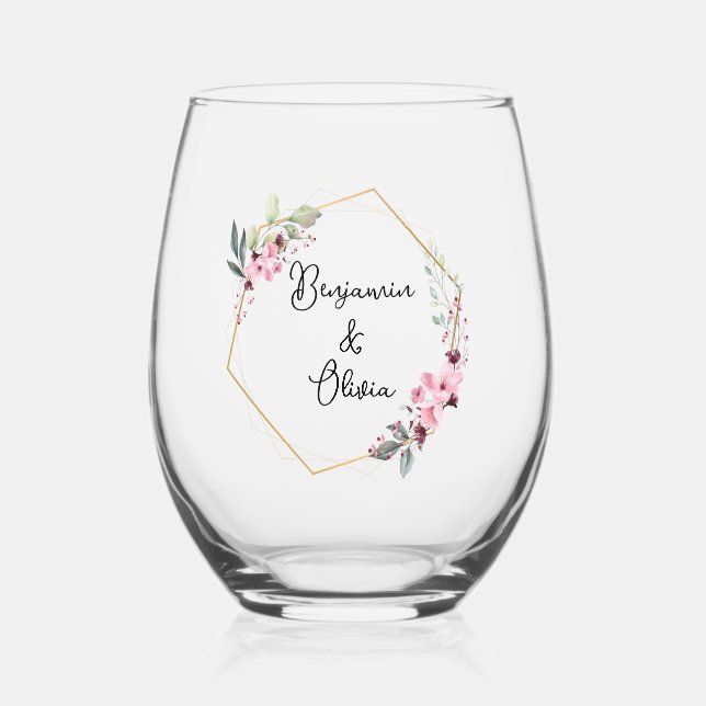 Pink and Gold Floral Wedding Stemless Wine Glass (Front)