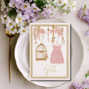 Pink and Gold Flower Birdcage Baty Girl Birth Announcement