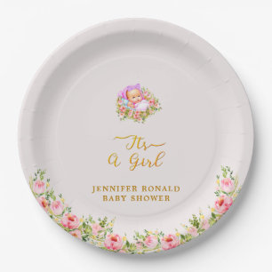 Pink and Gold Flower theme its a girl baby shower Paper Plate
