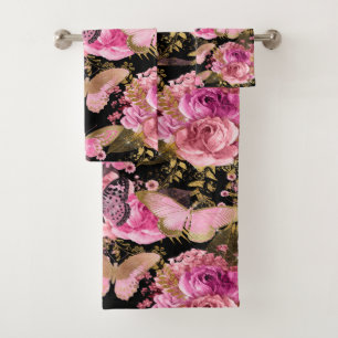 Pink and Gold Foil Floral Butterfly Pattern Bath Towel Set