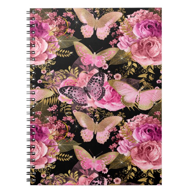 Pink and Gold Foil Floral Butterfly Pattern Notebook (Front)