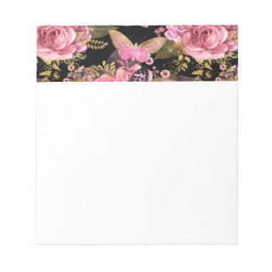 Pink and Gold Foil Floral Butterfly Pattern Notepad