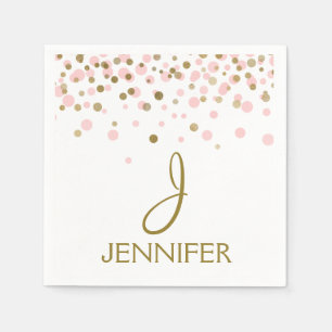 Pink and Gold Foil Girly Confetti Monogram Napkin