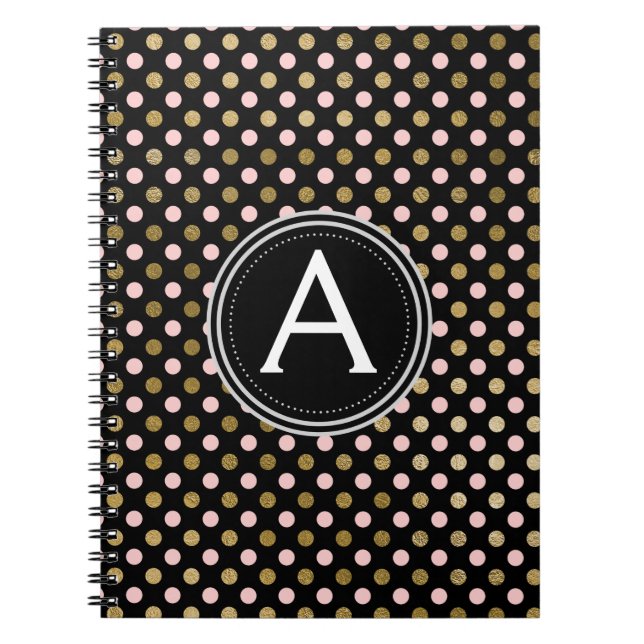 Pink and Gold Foil Monogram Polka Dot Notebook (Front)