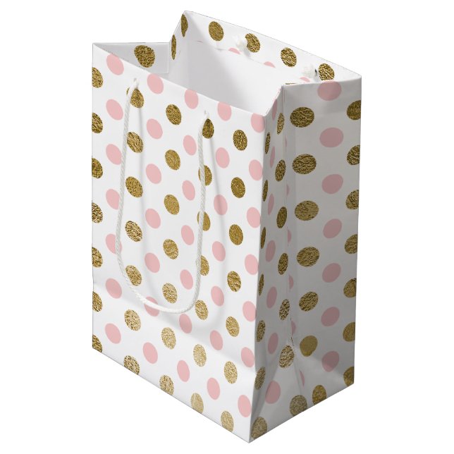 Pink and Gold Foil Polka Dot Pattern Medium Gift Bag (Front Angled)