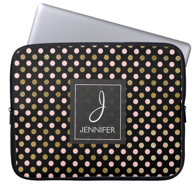 Pink and Gold Foil Polka Dot Pattern Monogram Laptop Sleeve (Front)