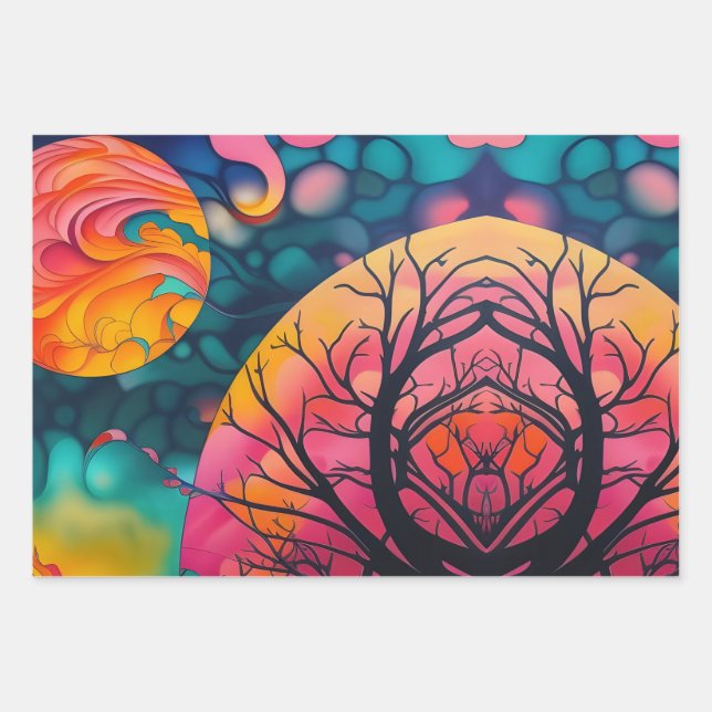 pink and gold full moon Tree Silhouette Wrapping Paper Sheet (Front 2)