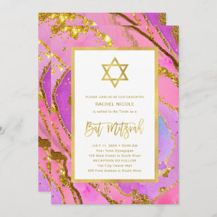 Pink and Gold Geode Star of David Bat Mitzvah Invitation