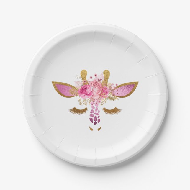 Pink and Gold Giraffe Paper Plates (Front)