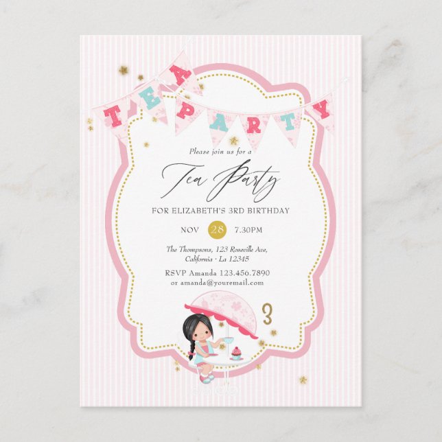 Pink and Gold Girl 3rd Birthday Tea Party Postcard (Front)
