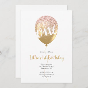 Pink and Gold Girl's Glitter 1st Birthday Party Invitation