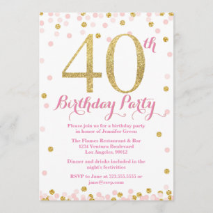 Pink and Gold Glitter 40th Birthday Party Invitation