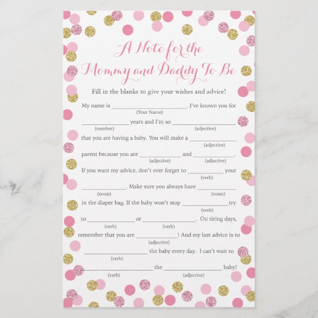 Pink and Gold Glitter Baby Shower Advice Game Card (Front)