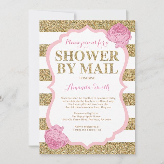 Pink and Gold Glitter Baby Shower by Mail Invitation (Front)