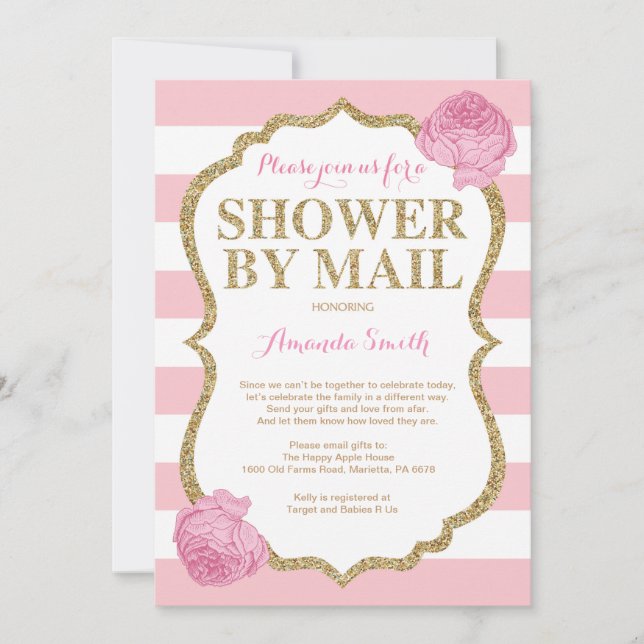 Pink and Gold Glitter Baby Shower by Mail Invitation (Front)