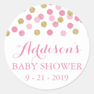 Pink and Gold Glitter Baby Shower Circle Stickers