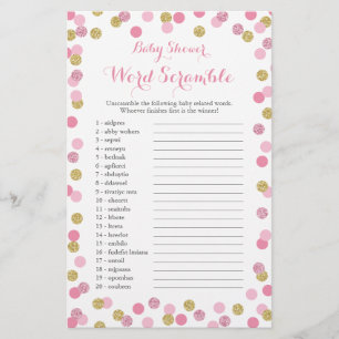 Pink and Gold Glitter Baby Shower Word Scramble Flyer