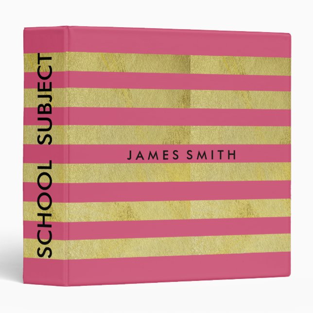 Pink And Gold Glitter Badge Striped Personalized Binder (Front/Spine)