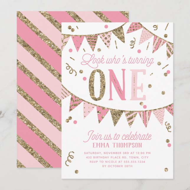 Pink and Gold Glitter Banner FIRST Birthday Party Invitation (Front/Back)