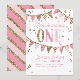 Pink and Gold Glitter Banner FIRST Birthday Party Invitation