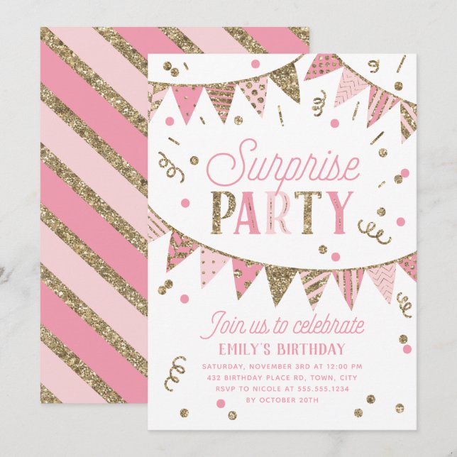 Pink and Gold Glitter Banner Surprise Party Invitation (Front/Back)