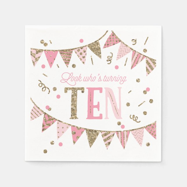 Pink and Gold Glitter Banners 10th Birthday Party Napkin (Front)