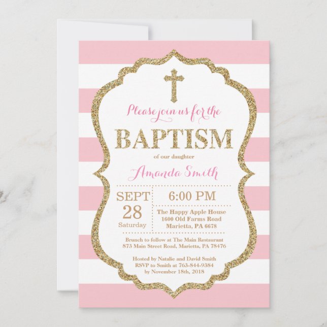 Pink and Gold Glitter Baptism Invitation (Front)