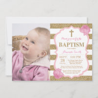 Pink and Gold Glitter Baptism Invitation