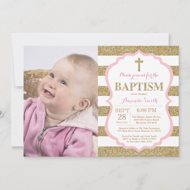 Pink and Gold Glitter Baptism Invitation (Front)