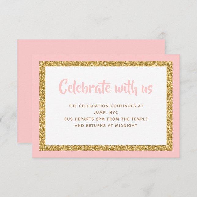 Pink and Gold Glitter Bar Mitzvah Insert Invitation (Front/Back)