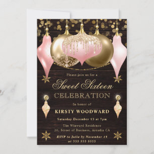 Pink and Gold Glitter Baubles Christmas Sweet 16 Invitation