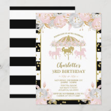 Pink and Gold Glitter Carousel Birthday Invitation