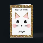 Pink and Gold Glitter Cat Birthday Card<br><div class="desc">A personalized pretty pink and gold glitter cat birthday card for your daughter, granddaughter, niece, etc. The front features a cute cat face I made with a hint of gold glitter on her ears. You will be able to easily personalize this pretty cat birthday invitation with the child's age and...</div>