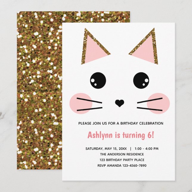 Pink and Gold Glitter Cat Birthday Invitation (Front/Back)
