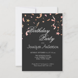 Pink and Gold Glitter Confetti on Black Invitation