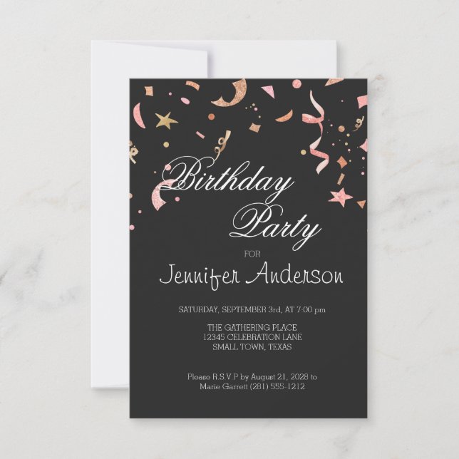 Pink and Gold Glitter Confetti on Black Invitation (Front)
