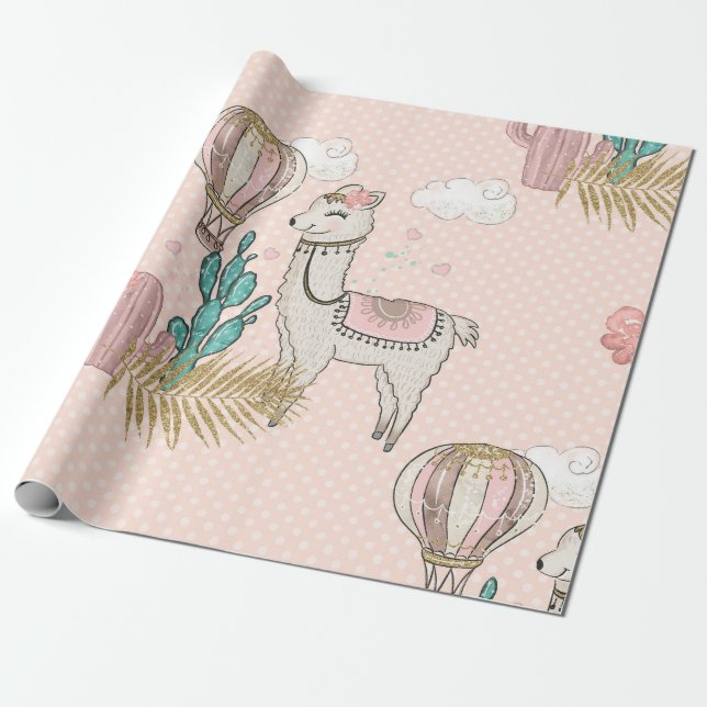 Pink and Gold Glitter Desert Steampunk Llama Wrapping Paper (Unrolled)