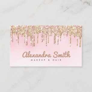 pink and gold glitter drip script makeup business card