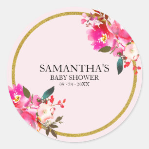 Pink and Gold Glitter Elegant Floral Watercolor Classic Round Sticker
