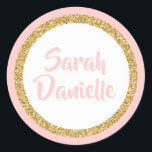 Pink and Gold Glitter Favor Sticker<br><div class="desc">This trendy design features sparkling faux glitter layered against a solid color background. Use the template form to add your own information. The "Customize" feature can be used to change the font style,  color and layout.</div>