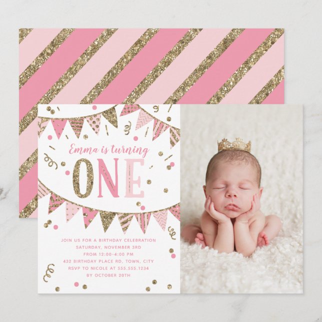 Pink and Gold Glitter First Birthday Photo Invitation (Front/Back)