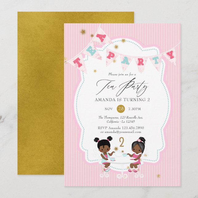 Pink and Gold Glitter Girl 2nd Birthday Tea Party Invitation (Front/Back)