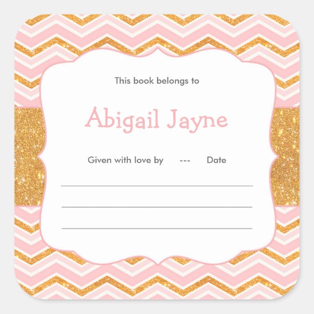 Pink and gold glitter girl baby shower book plates square sticker (Front)